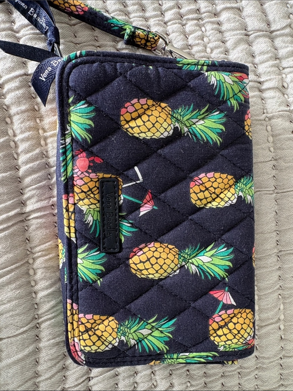 Vera Bradley Black Pineapple Quilted Phone Wristlet with Green & Yellow Accents